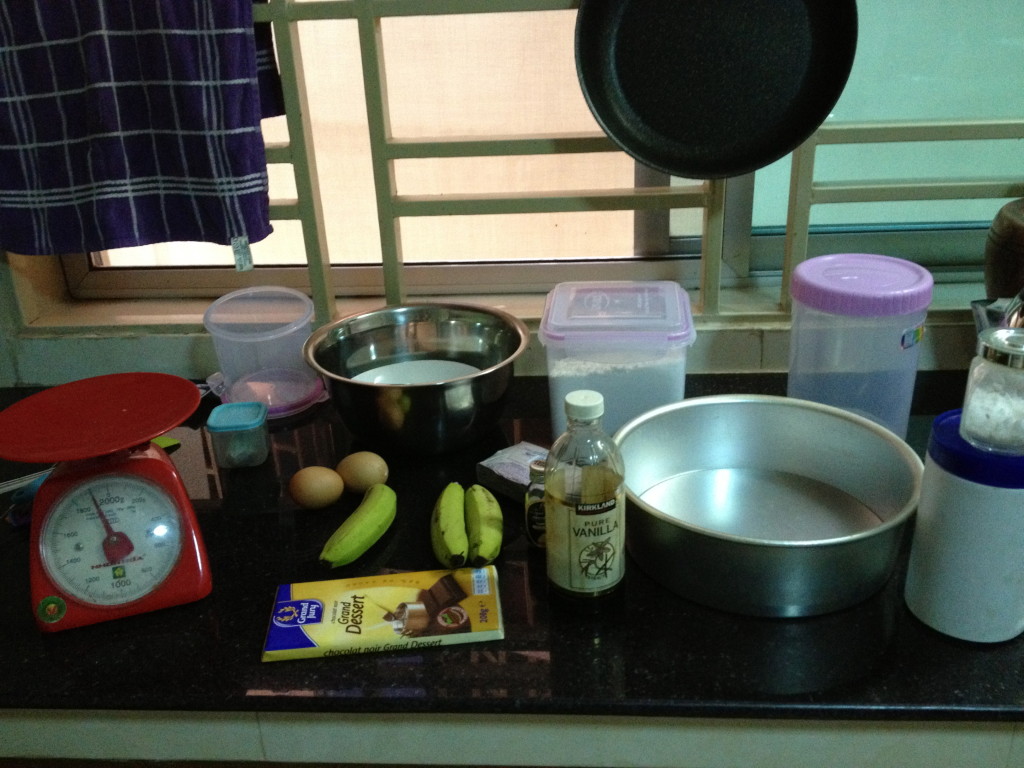 ingredients for banana and chocolate chunk cake