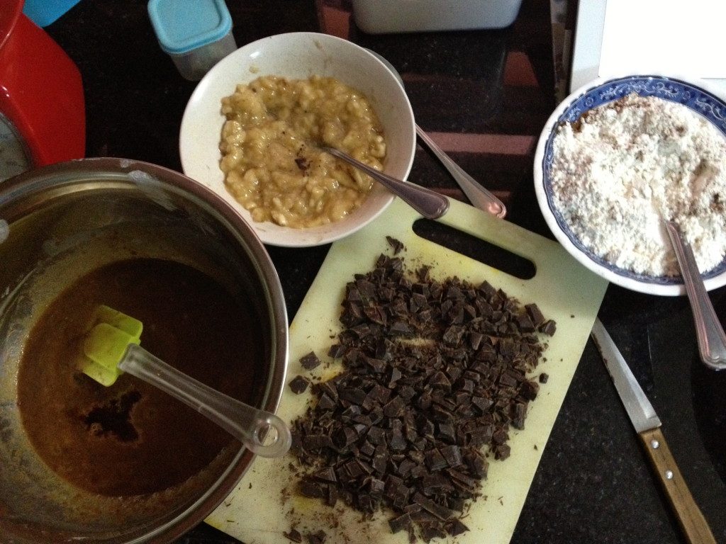 preparing to bake banana and chocolate chunk cake